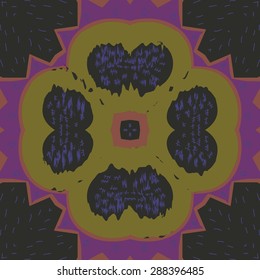 Circular  seamless pattern of  stylized flower, wave, zigzag, doodles. Hand drawn.