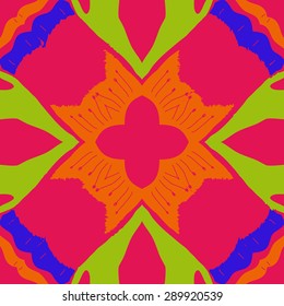Circular seamless pattern of stylized flower, stamens, waves, hole, spots, copy space. Hand drawn.