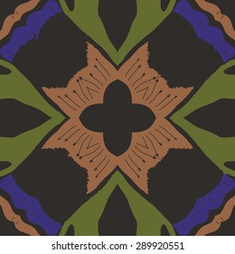 Circular seamless pattern of stylized flower, stamens, waves, hole, spots, copy space. Hand drawn.
