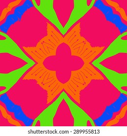 Circular seamless pattern of stylized flower, stamens, waves, hole, spots, copy space. Hand drawn.