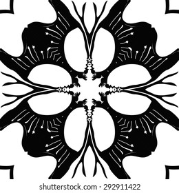 Circular seamless  pattern of  stylized flower, spots, waves, hole, doodles, stamens. Hand drawn.