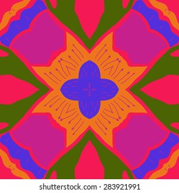 Circular  seamless pattern of  stylized flowers, doodles, stamens, cross. Hand drawn.