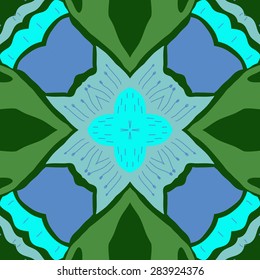 Circular  seamless pattern of  stylized flowers, doodles, stamens, cross. Hand drawn.