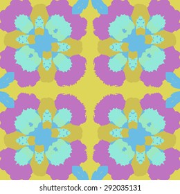 Circular seamless  pattern of stylized flowers, spots, waves, stamens. Hand drawn.