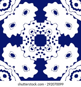 Circular seamless  pattern of stylized flowers, spots, waves, ellipses. Hand drawn.