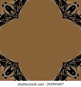 Circular seamless  pattern of  stylized flowers, ellipses, stamens, waves,  spots, copy space. Hand drawn.