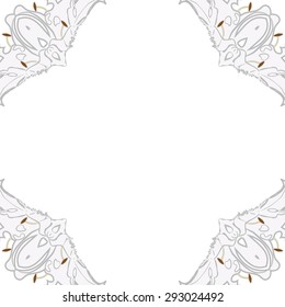 Circular seamless  pattern of  stylized flowers, ellipses, stamens, waves,  spots, copy space. Hand drawn.