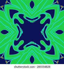 Circular  seamless pattern of stylized flower,stamens, stripes, spots, wave, copy space. Hand drawn.