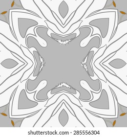 Circular  seamless pattern of stylized flower,stamens, stripes, spots, wave, copy space. Hand drawn.