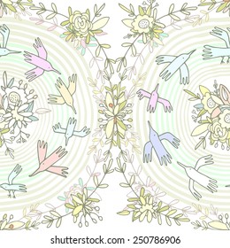 Circular seamless pattern. Vintage print, paper wallpaper, fabric printing. Cartoon colorful birds flying through the hypnotic circle surrounded by beautiful flowers and pretty petals.