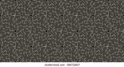 Circular seamless pattern of white labyrinth with dots on black background, flat