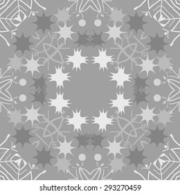 Circular seamless  pattern of winter motif, snowflakes, spots, waves,  stars, copy space. Handmade, hand drawn.