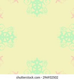 Circular seamless  pattern of winter motif,snowflakes, spirals, spot, hole, copy space. Hand drawn.