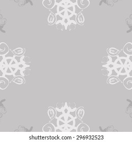 Circular seamless  pattern of winter motif,snowflakes, spirals, spot, hole, copy space. Hand drawn.