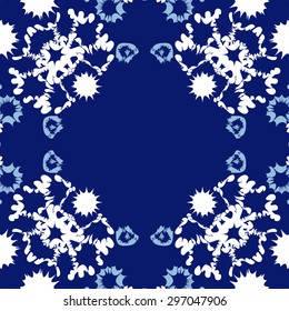 Circular seamless  pattern of winter motif,snowflakes,stars, spot, hole, copy space. Handmade.