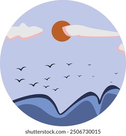 Circular Seascape with Birds and Sun, Circular Illustration of Sea, Sky, and Birds