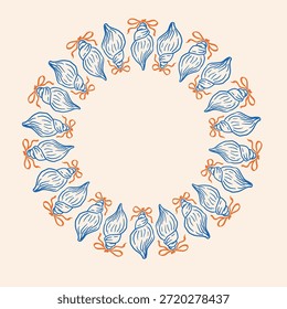 Moldura de grinalda de concha circular com conchas contornadas azuis e arcos laranja brilhantes dispostos em um fundo bege claro. Ótimo para cartões com tema marinho, convites de praia, embalagens ou projetos de verão.