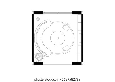 Circular Seating Area Floor Plan. Vector Black Lines on White Background. 1
