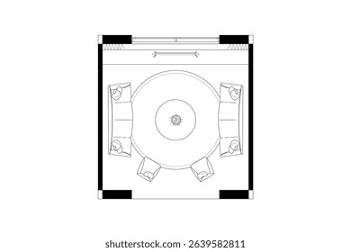 Circular Seating Area Floor Plan. Vector Black Lines on White Background. 6