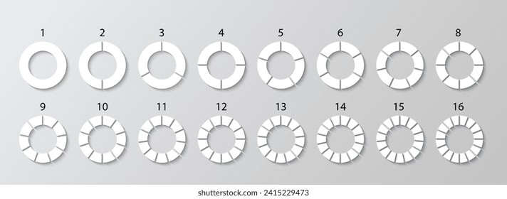 Circular section template. Pie diagram divided into gray pieces. Round chart. Circle structure graph. Set schemes with sectors. Piechart with segments and slices. Vector illustration