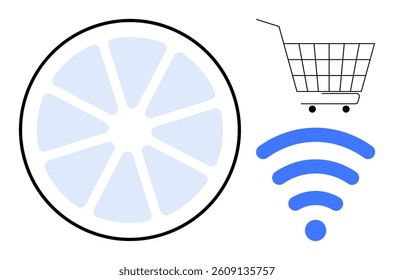 Circular segmented chart, shopping cart, and wireless symbol. Ideal for e-commerce, technology, digital marketing, connectivity and wireless networking. Simple, modern, colorful
