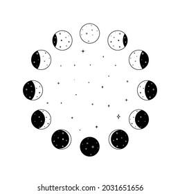Circular set of Moon phases icon with shining stars inside in black outline silhouette. Whole astronomy cycle from new moon to full moon in linear style. Vector illustration