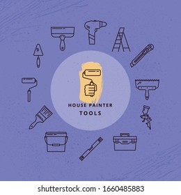 Conjunto circular de símbolos lineales vectoriales de herramientas para construcción y reparación. 