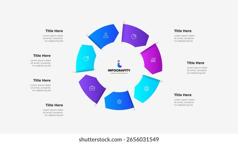 Circular sete setas passos infográfico perfeito para melhorar as apresentações profissionais. Mostrando o progresso e as informações relacionadas aos negócios em um layout atraente