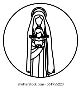 circular shape with contour saint virgin mary with baby jesus