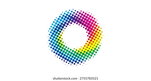 A circular shape formed by halftone dots, displaying a vibrant rainbow gradient from blue to purple, green, yellow, and red.