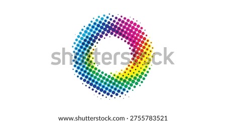 A circular shape formed by halftone dots, displaying a vibrant rainbow gradient from blue to purple, green, yellow, and red.