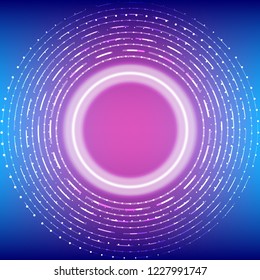 Circular shape with glowing neon light and various decorations on colorful gradient background