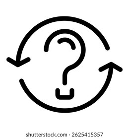 Circular shape made of arrows going in a loop with a question mark in the center, representing a cyclical process of problem solving