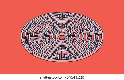 Circular Shape Maze / Labyrinth in Isometric View - Vector Illustration