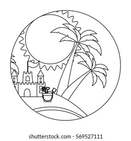 circular shape with silhouette background beach with sand castle and bucket