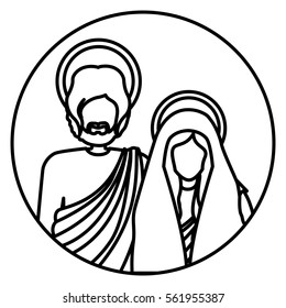 circular shape with silhouette half body virgin mary and saint joseph