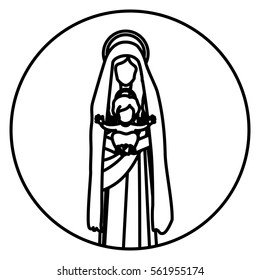 circular shape with silhouette saint virgin mary with baby jesus