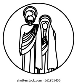 circular shape with silhouette virgin mary and saint joseph embraced