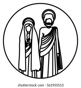 circular shape with silhouette virgin mary and saint joseph standing