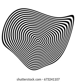 Circular shape with spiral, vortex distortion effect. Black and white rotating circular, concentric element.