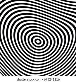 Circular shape with spiral, vortex distortion effect. Black and white rotating circular, concentric element.