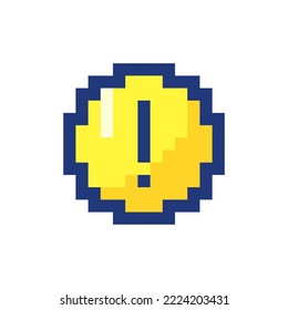 Marca de exclamación en forma circular pixelada color RGB ui icono. Alerta de notificación. Elemento gráfico de 8 bits rellenado simplista. Diseño de estilo retro para arcade, videojuegos. Imagen editable con vector aislado