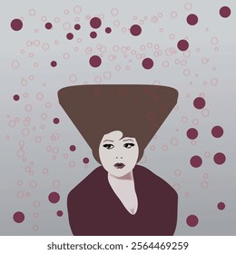 Circular shapes decorate the portrait of a woman with an odd hairstyle.