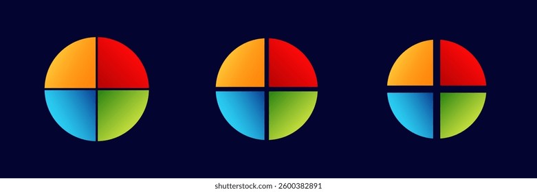 Circular shapes are divided into four colorful sections: red, blue, green, and orange.