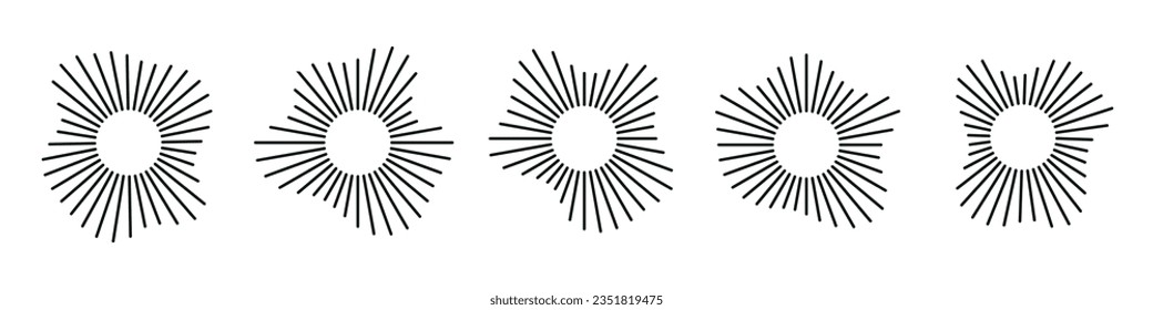 Circular shapes of sound waves, for audio music, round icons of voice, logos, equalizers, radials in spectrum, patterns in rings. Flat vector illustrations isolated on white background.