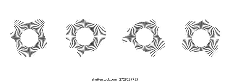 Circular shapes of sound waves, for audio music, round icons of voice, logos, equalizers, radials in spectrum, patterns in rings. Flat vector illustrations isolated on white background.