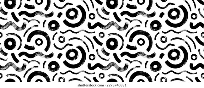 Circular shapes and waves seamless pattern. Brush drawn bold curved lines and circles. Trendy vector design with basic shapes. Messy doodles, bold curvy lines banner. Abstract grunge background.