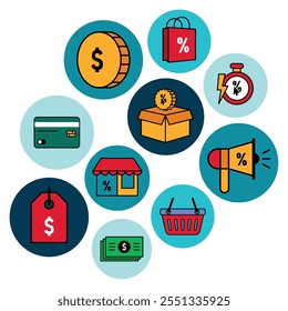 Circular shopping and finance icon collection, Vector