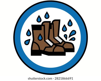 A circular sign with a blue border shows a pair of brown waterproof boots with water droplets falling on them and splashing around them.