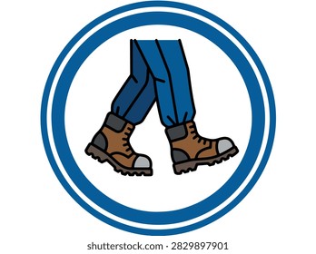 A circular sign icon featuring a pair of legs wearing blue trousers and brown work boots, symbolizing walking or safety footwear.